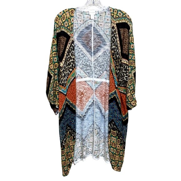 Chicos Womens 2 Large 3/4 Sleeve Cardigan Sweater Open Peacock Print Boho Rayon - Picture 1 of 15